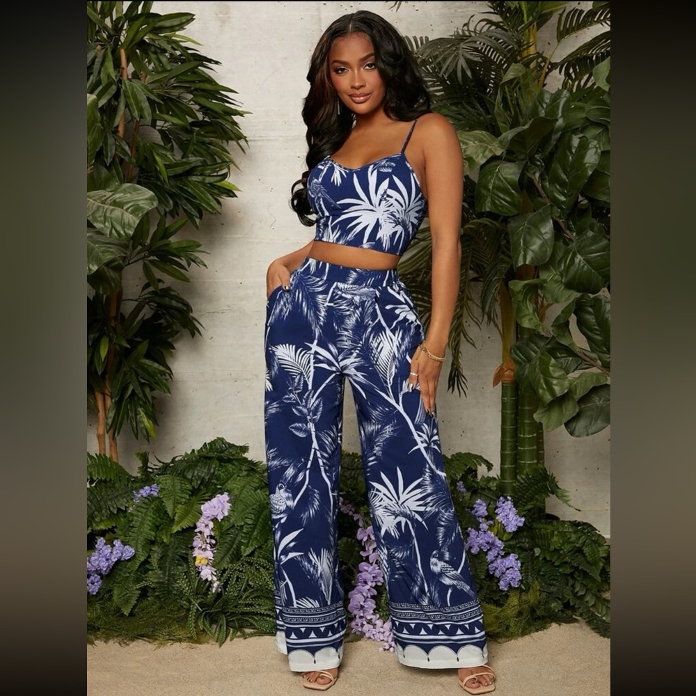 SHEIN SXY Tropical Print Cami Top & High Waist Pants